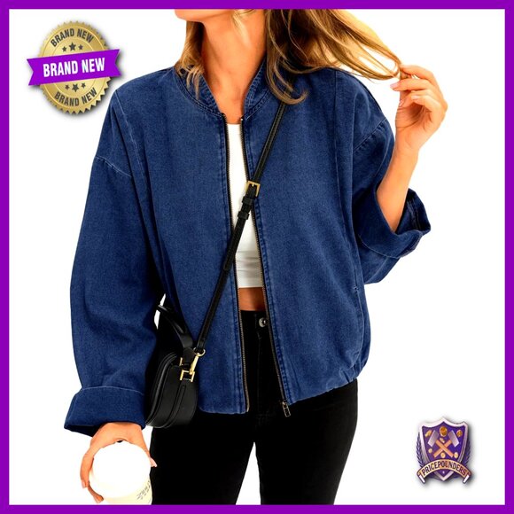 Denim Bomber Jacket Lightweight Zip Up Casual Shacket Retro Y2K Outerwear